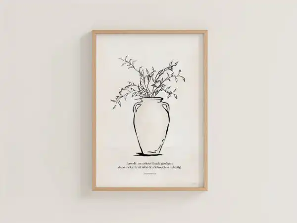 Linienskizze eines Blumenvasen-Designs mit Zweigen und Blättern, minimalistischer Kunststil.