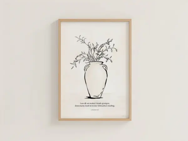 Linienskizze eines Blumenvasen-Designs mit Zweigen und Blättern, minimalistischer Kunststil.