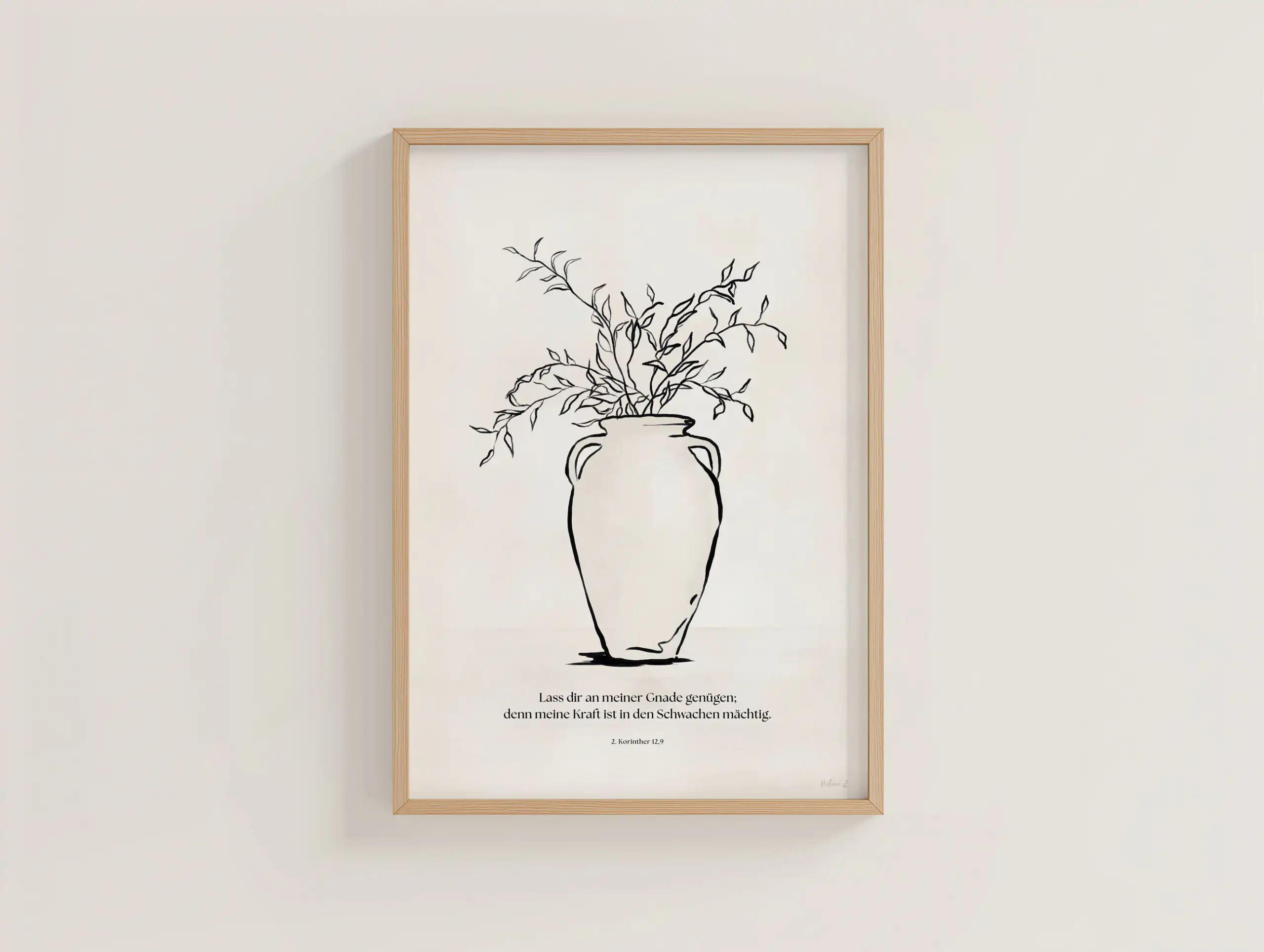 Poster A3 2. Korinther 12,9 1 Linienskizze eines Blumenvasen-Designs mit Zweigen und Blättern, minimalistischer Kunststil.