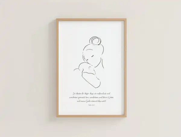 Minimalistische Illustration einer Mutter, die ihr Baby liebevoll hält, mit Zitat.