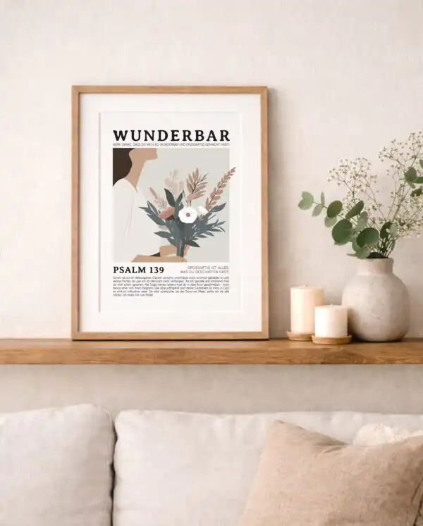 Gottesdienst Poster mit Psalm 139 und Blumen, christliche Dekoration im Wohnzimmer.