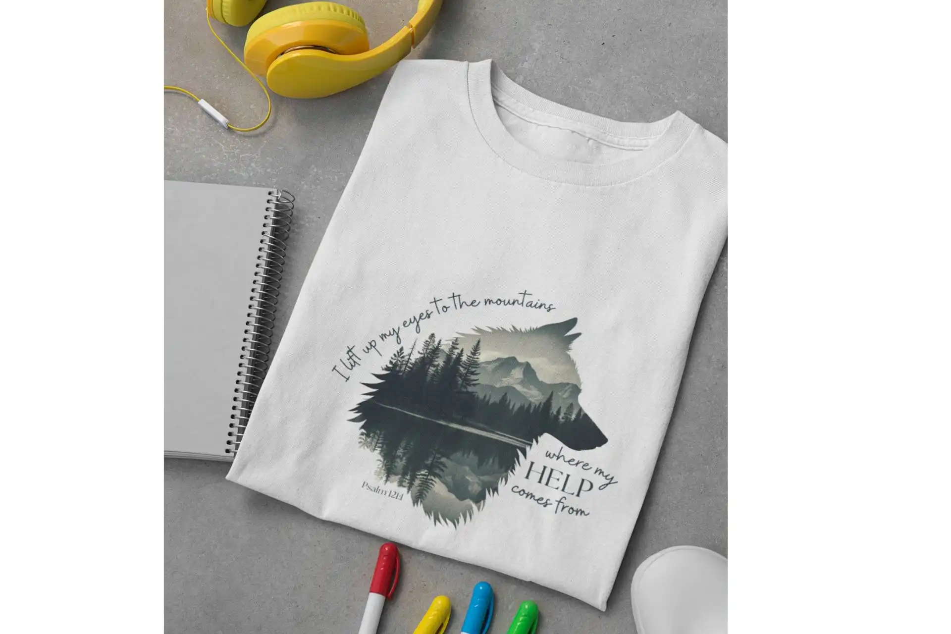 Take a look at the mountain landscape T-shirt with Christian message and eco-friendly design.