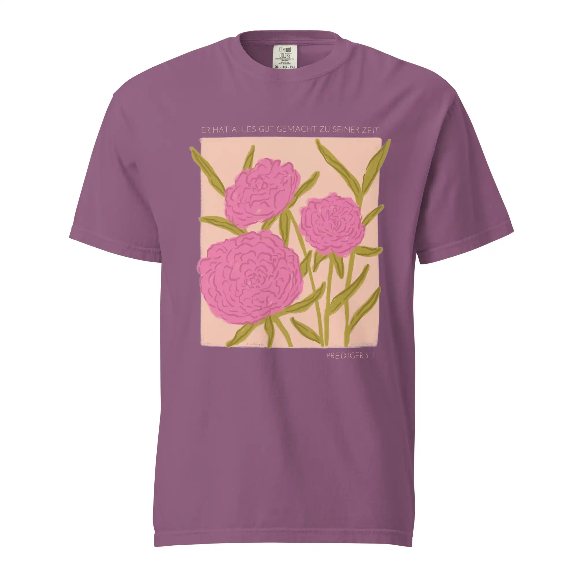 Shirt - Er hat alles gut gemacht 3 Der Text, den Sie bereitgestellt haben, ist ein Bild eines lila T-Shirts mit einer Blumenillustratio.