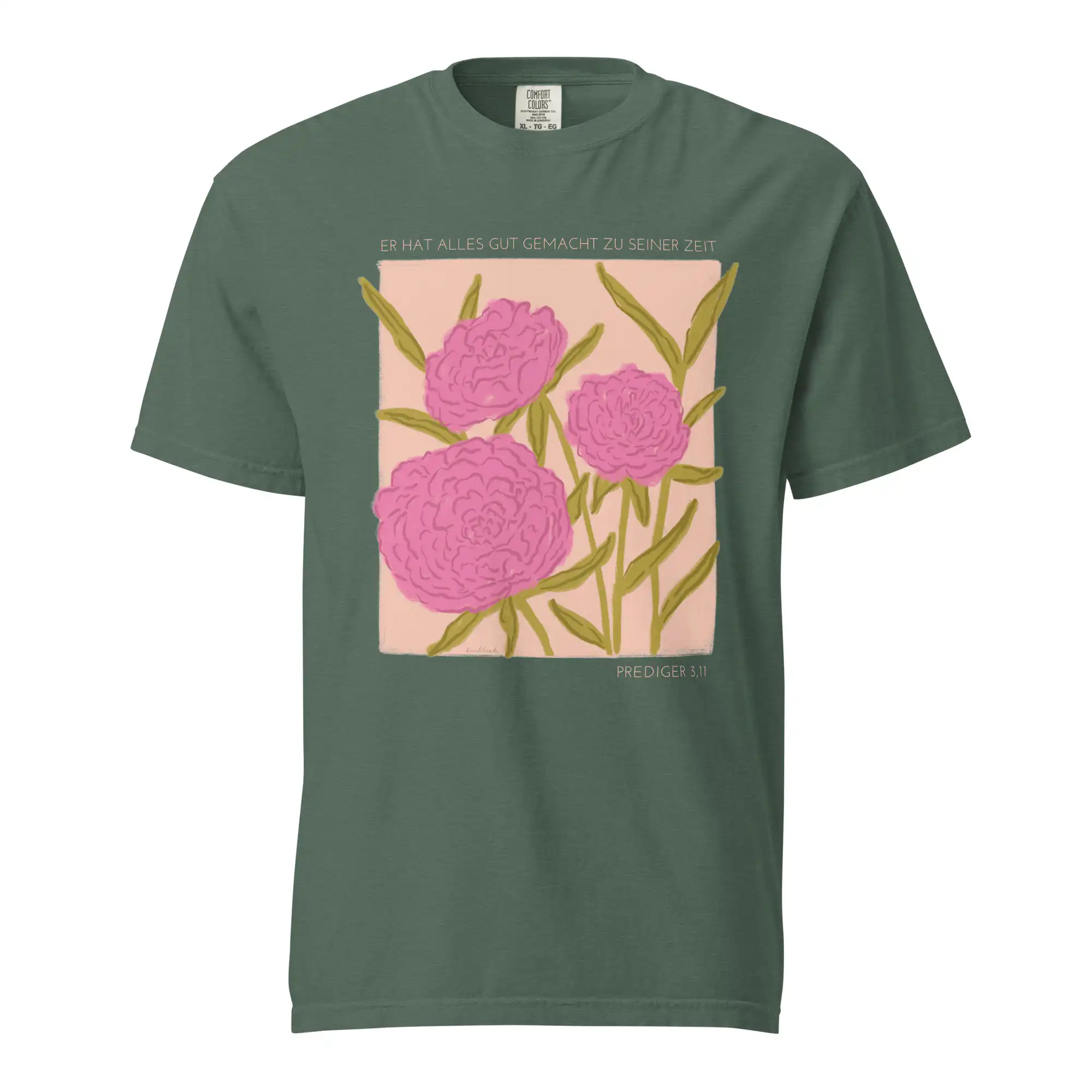 Shirt - Er hat alles gut gemacht 4 Gottestament T-Shirt mit pinken Blumen und christlichem Motiv, nachhaltige Mode.