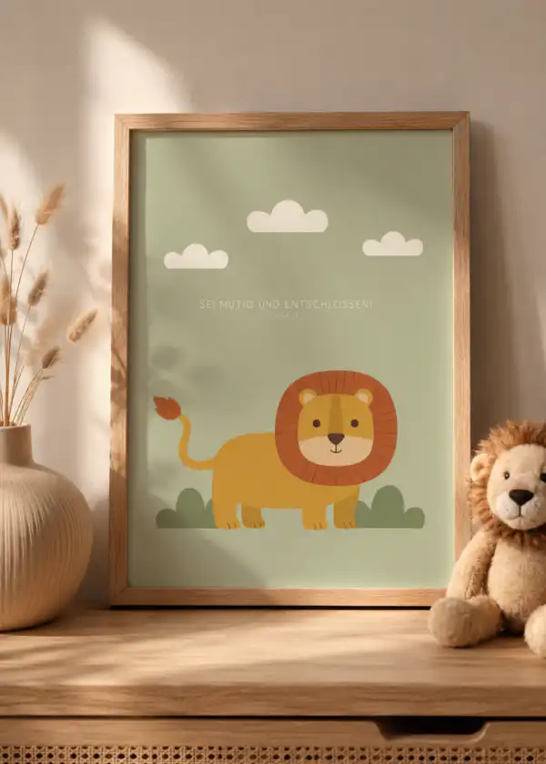 Ein kindgerechtes Poster mit Löwenmotiv und christlicher Botschaft, dekorativ und inspirierend.