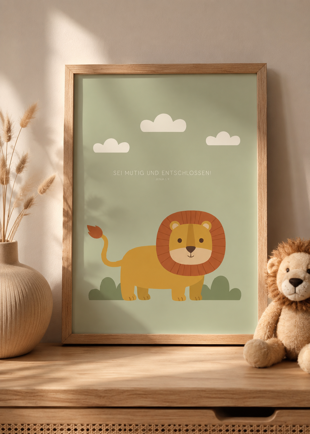 Ein kindgerechtes Poster mit Löwenmotiv und christlicher Botschaft, dekorativ und inspirierend.