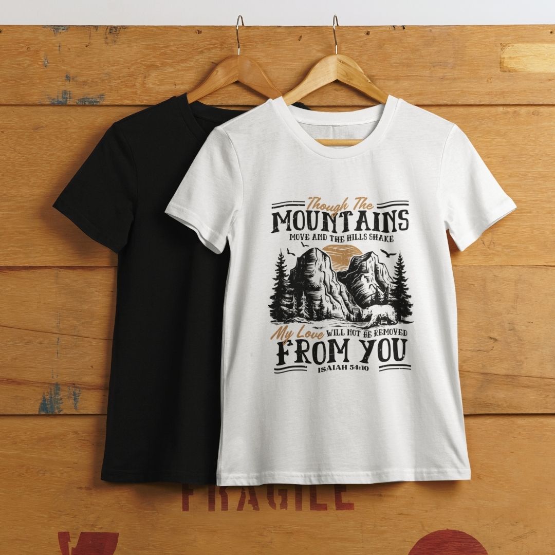 Though the Mountains Jesaja 54,10 T-Shirt Bio Baumwolle 3 Einheitliche T-Shirts mit biblischem Motiv und inspirierendem Spruch, christliche Mode.