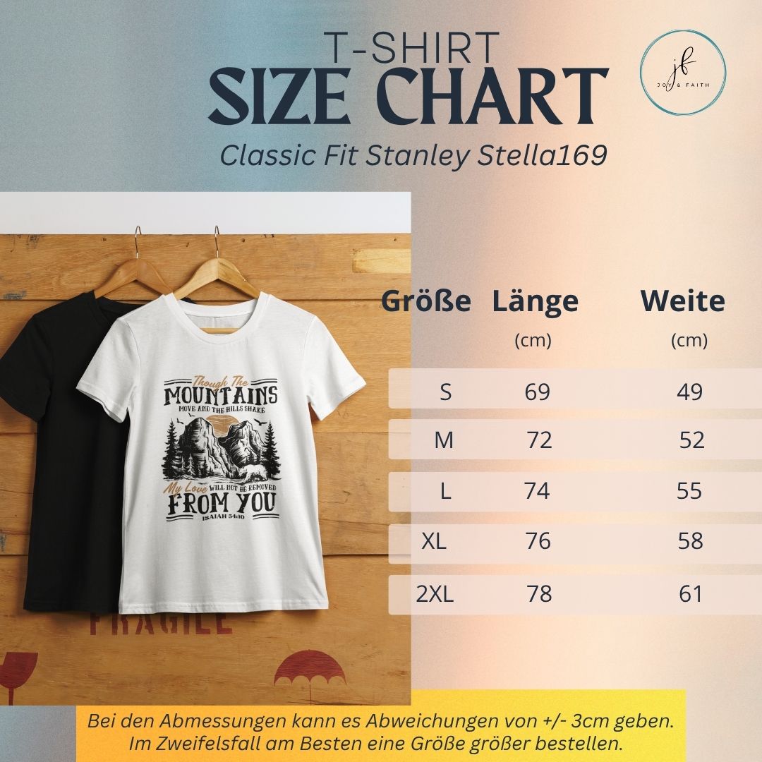 Though the Mountains Jesaja 54,10 T-Shirt Bio Baumwolle 5 Herren-T-Shirt mit Bergmotiv und Größenübersicht, klassischer Fit, Baumwolle.