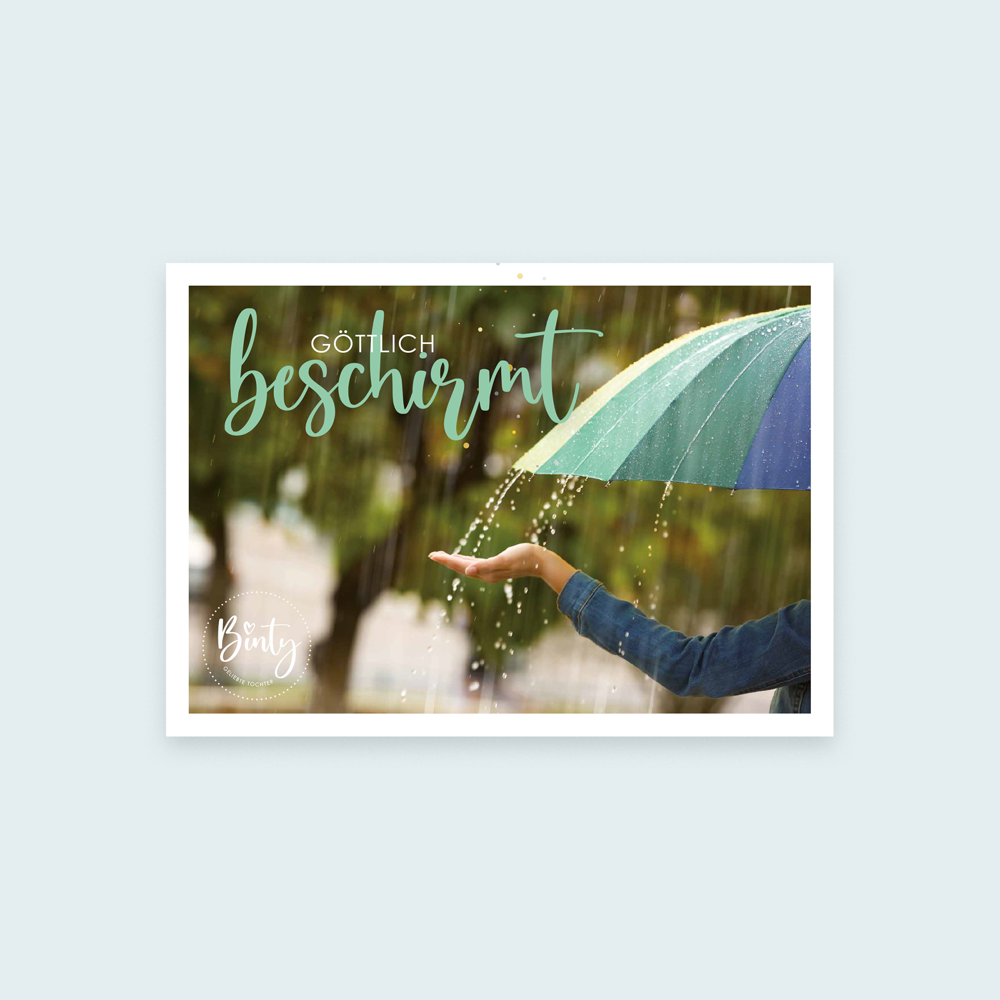 Postkarten Bundle | Herbstedition Ruth 2 Gottes Segen, Person hält Regenschirm im Regen, christliche Botschaft.
