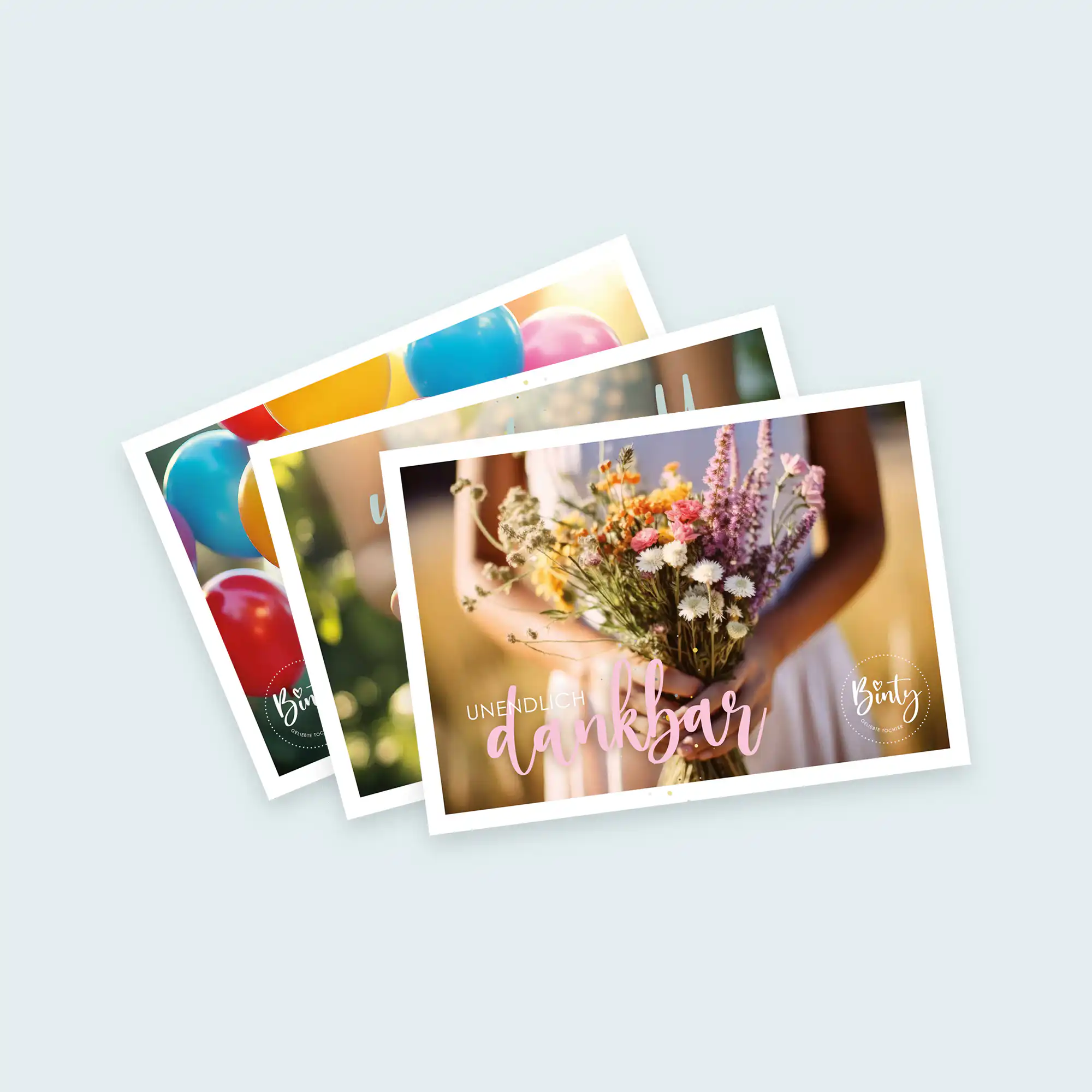 Postkarten Bundle | Sommeredition Eveline 1 Blumenstrauß mit dem Wort 'Dankbar' auf einer Karte, christliche Geschenkidee.