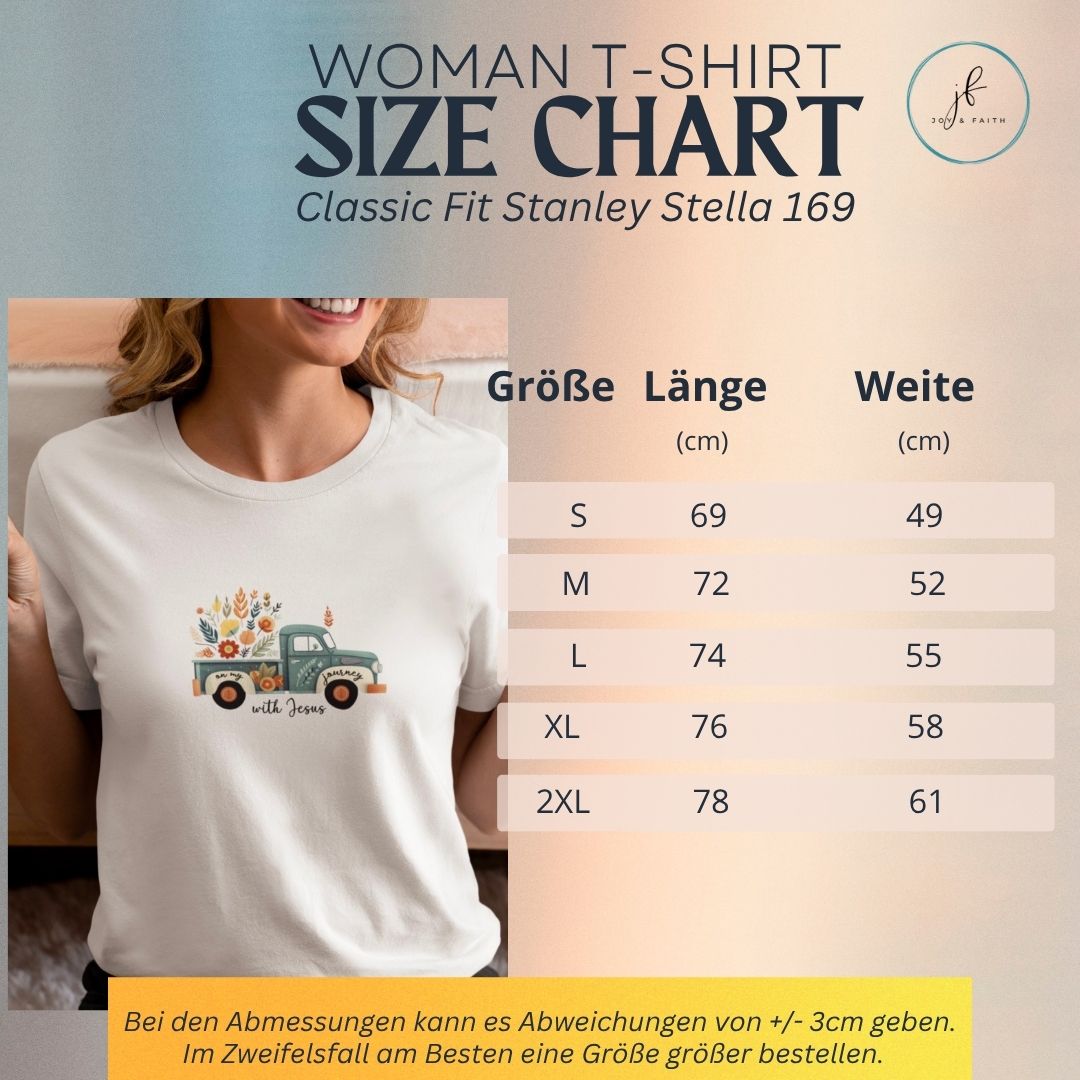 On my Journey with Jesus T-Shirt Bio Baumwolle 5 Einheitsgröße Damen T-Shirt mit Auto-Design, christliche Mode, Größenübersicht, bequem, stilvol.