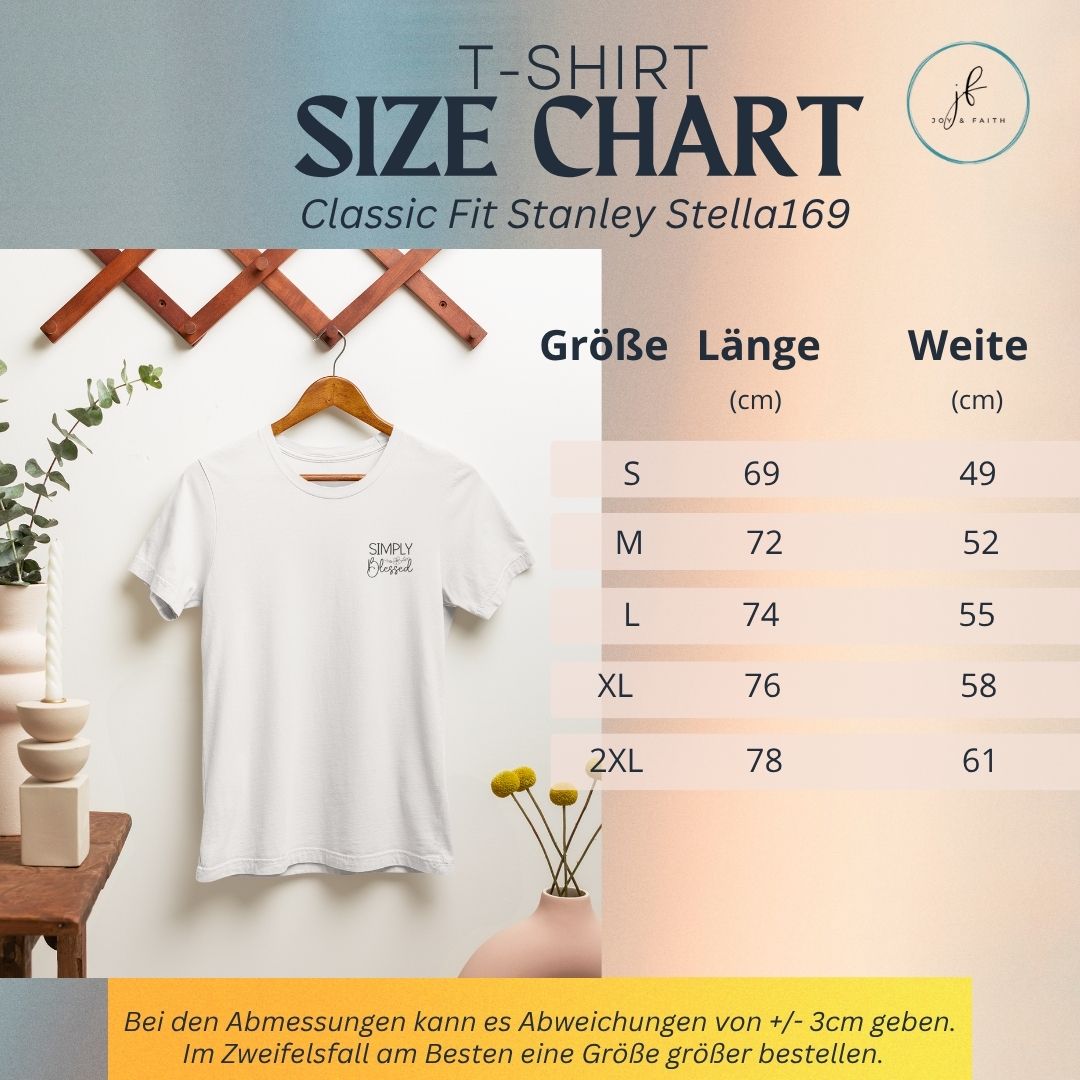 Simply blessed - edles T-Shirt Bio-Baumwolle 4 Ein weißes T-Shirt mit Größenübersicht, ideal für christliche Marken, auf Mookho.de.