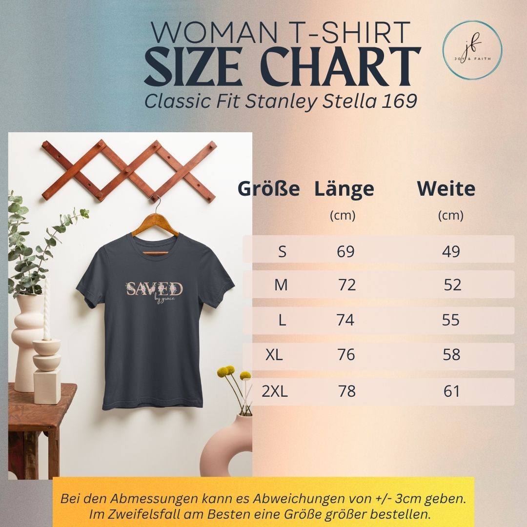 Saved by Grace - edles T-Shirt Bio Baumwolle 4 Süßes christliches T-Shirt für Frauen, Größen- und Längenübersicht, stilvoller Look.