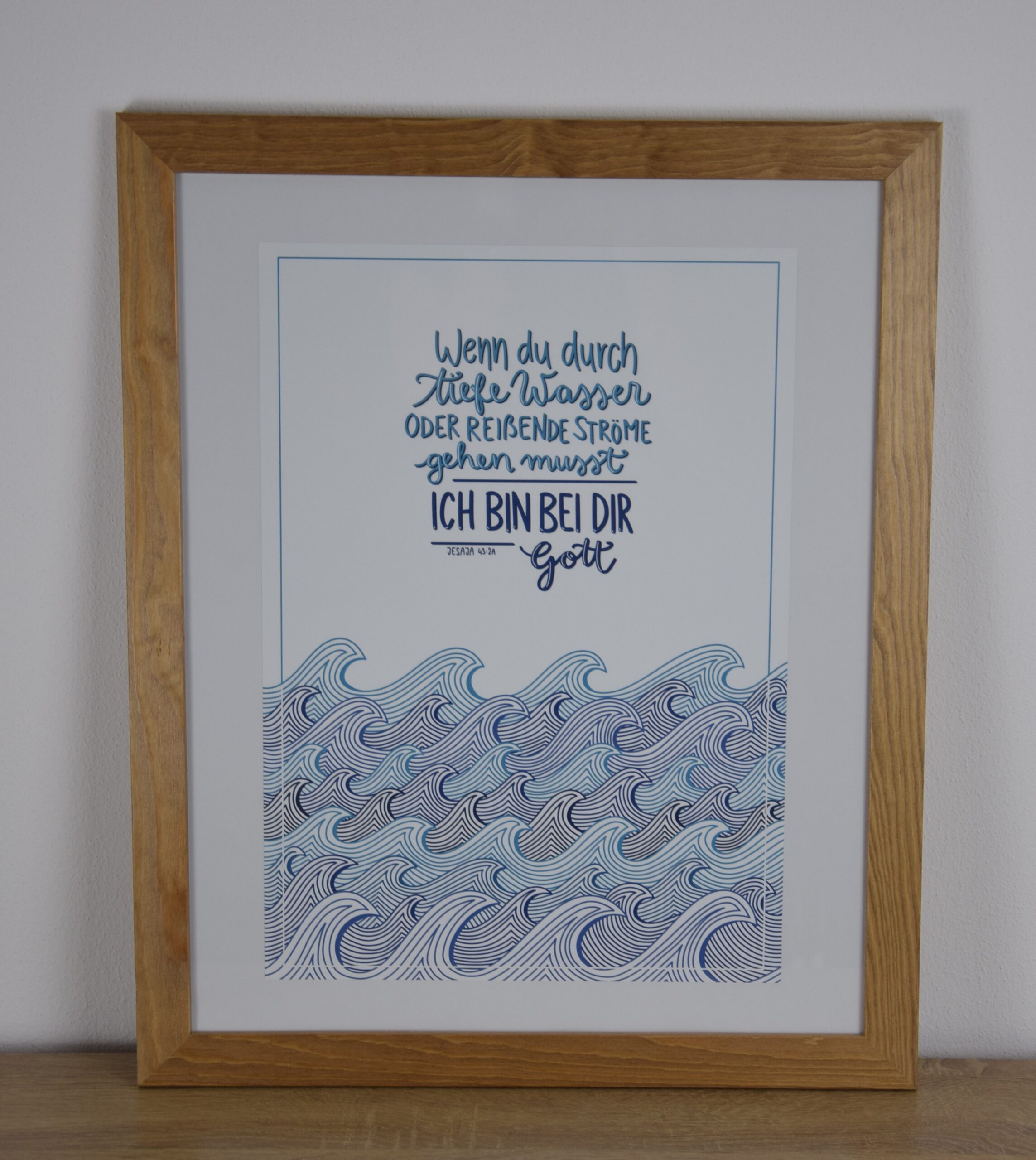 Poster Tiefe Wasser A3 3 Inspirierendes christliches Zitat mit Meeresmotiv in Holzrahmen.