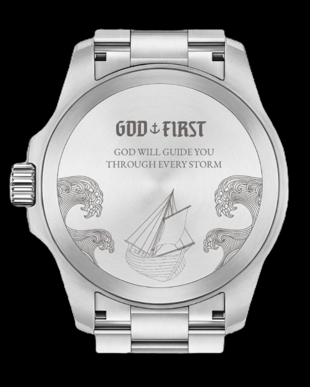 OCEAN OF FAITH - Schweizer Uhr inspiriert vom Glauben - Schwarz Edelstahl 4 Armbanduhr mit christlichem Motiv und Bibelvers, Edelstahl, Geschenkidee.
