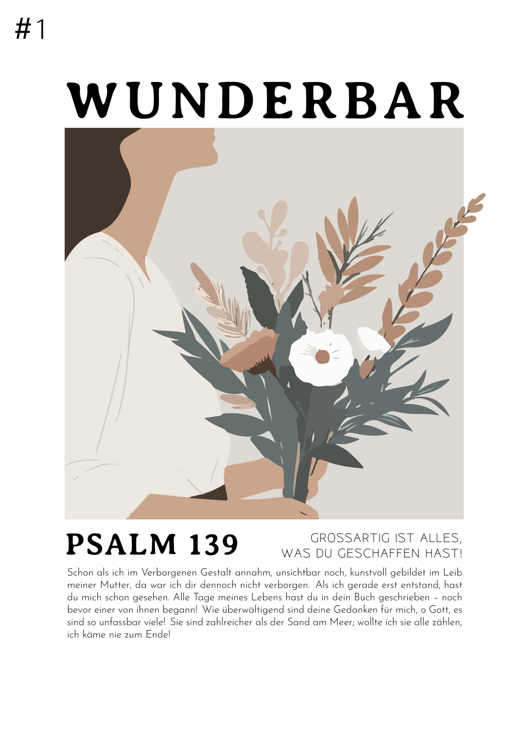 Personalisiertes Bibelversposter 3 Illustration einer Person mit Blumenstrauß und Bibelvers Psalm 139.