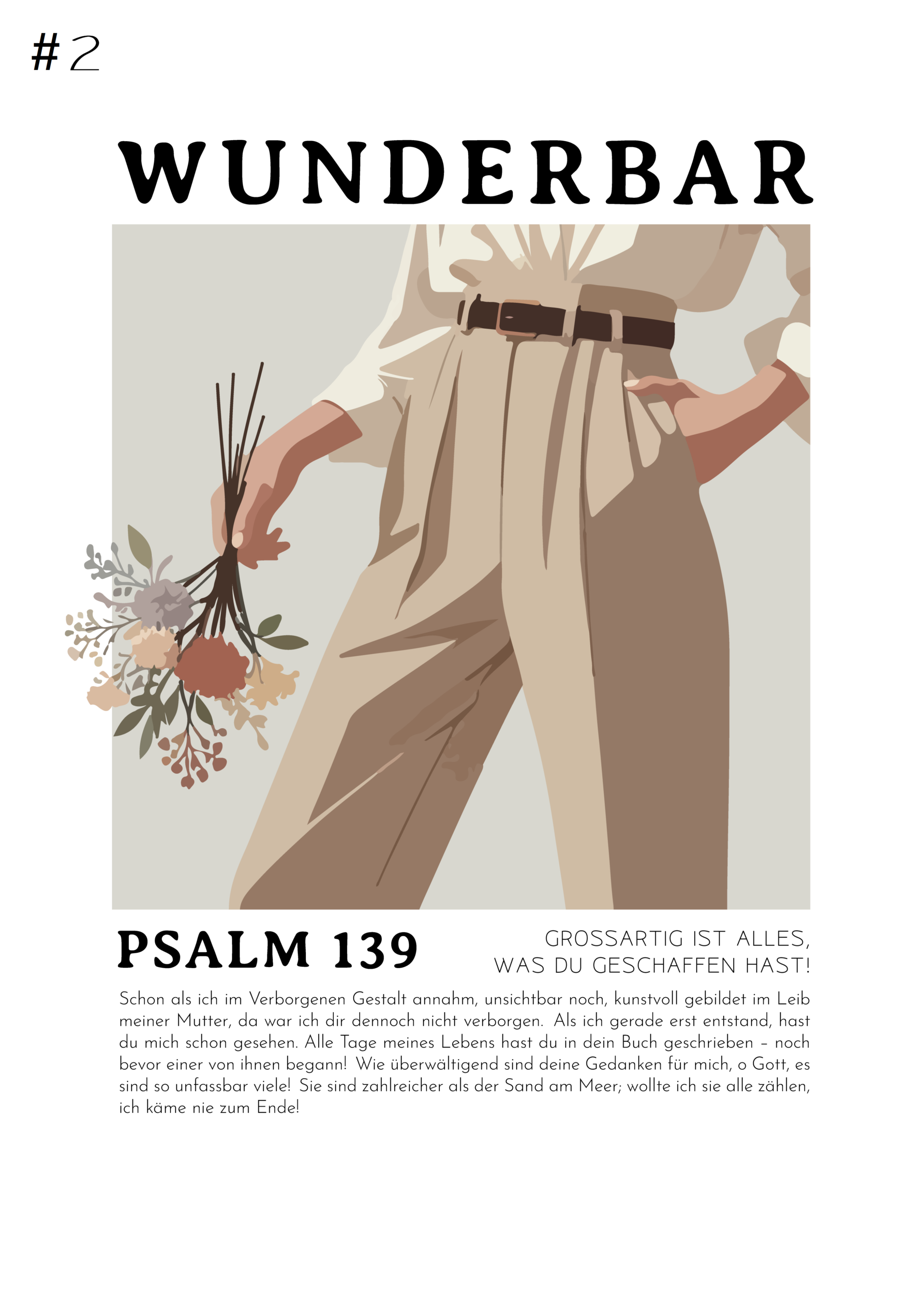 Personalisiertes Bibelversposter 4 Modische Frau mit Blumenstrauß und Psalm 139 Zitat auf christlichem Marketplace.