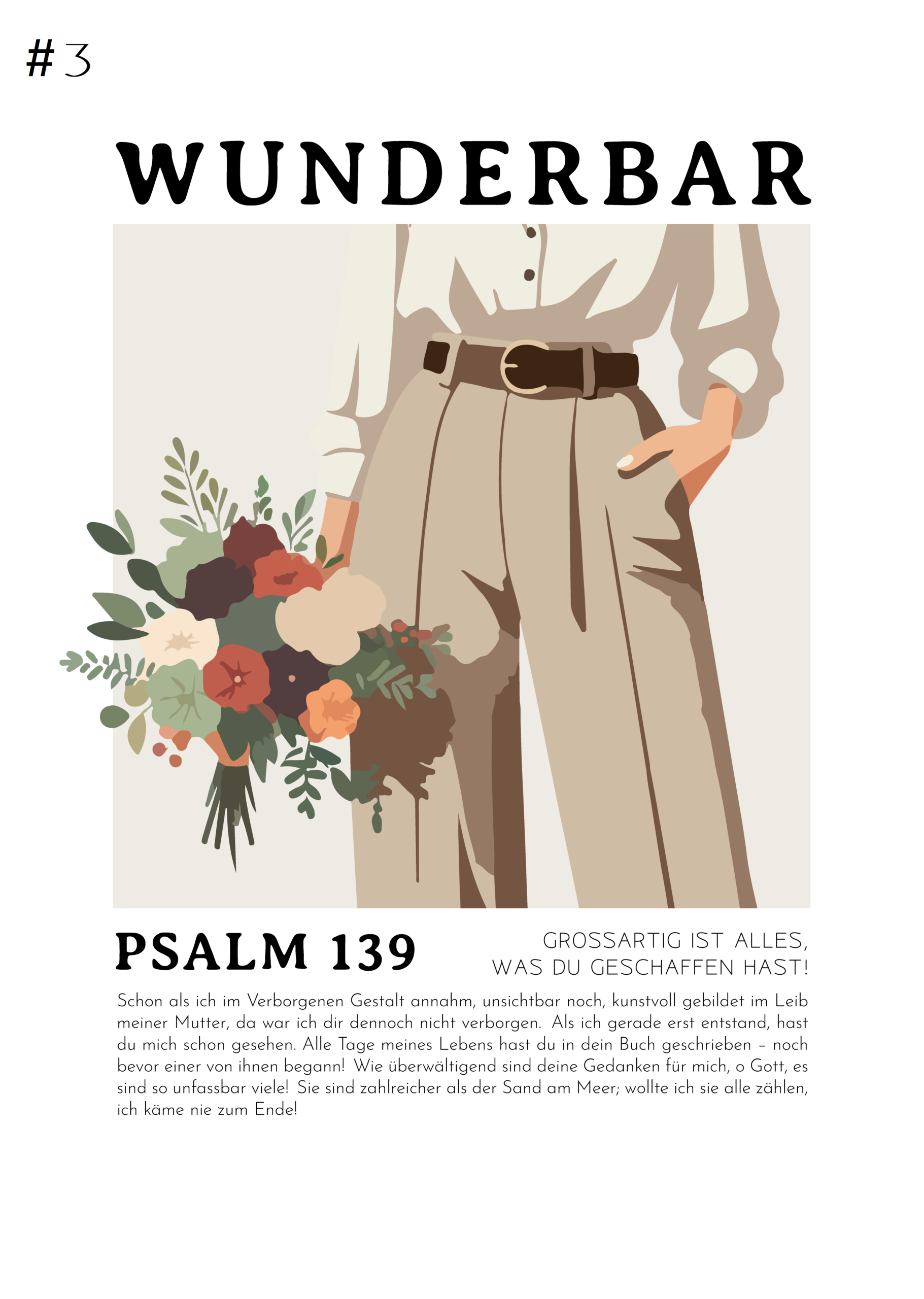 Personalisiertes Bibelversposter 5 Illustration einer Person mit Blumenstrauß und Psalm 139 Text.