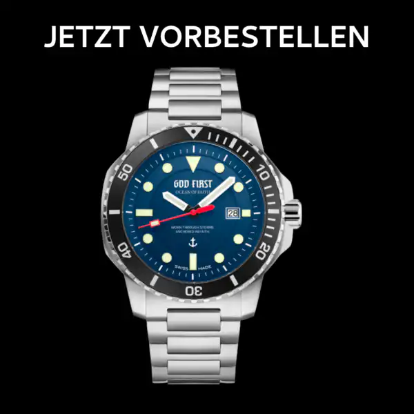 Christlicher Taucheruhr mit blauer Lünette und Edelstahlarmband, jetzt vorbestellen.