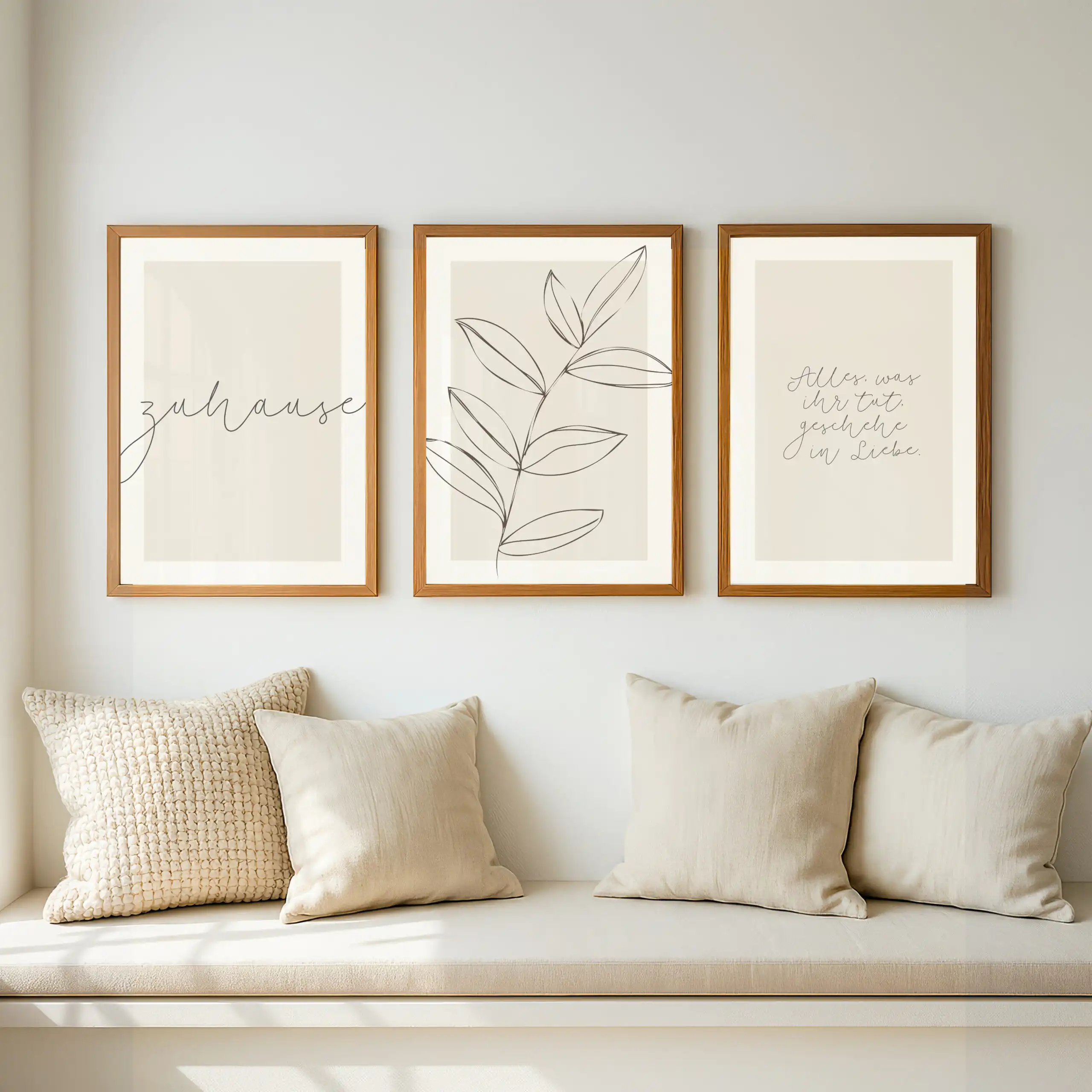 ZUHAUSE - Poster 3er Set in beige 3 Minimalistische Wanddekoration mit drei Bilderrahmen und Kissen auf einer Couch.