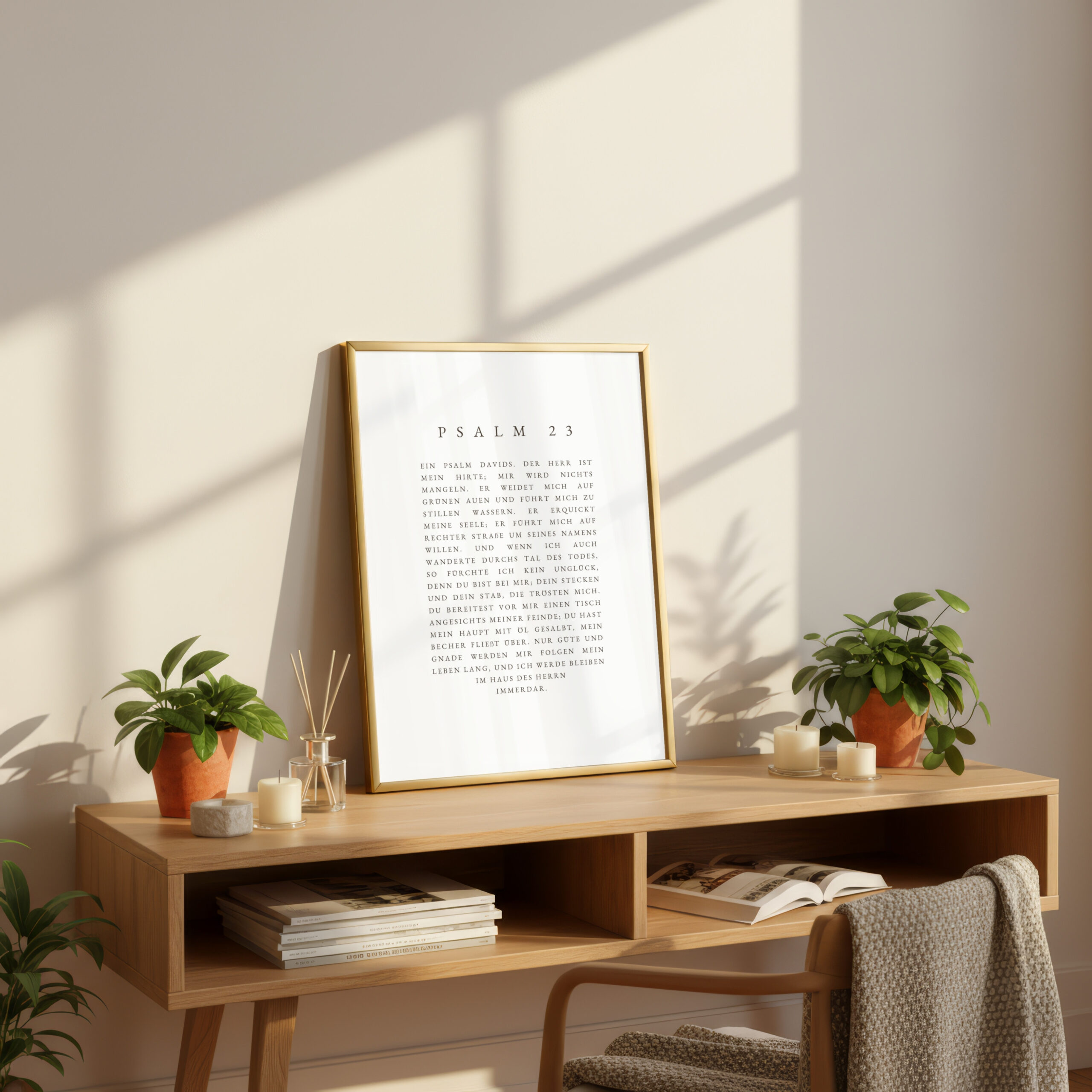 PSALM 23 - minimalistisch 3 Schreibtisch mit Psalm 23 Druck, Pflanzen und Dekoration im hellen Raum.