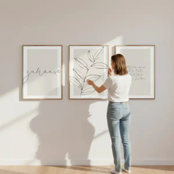Frau betrachtet drei moderne Kunstwerke mit Pflanzenmotiven an der Wand.