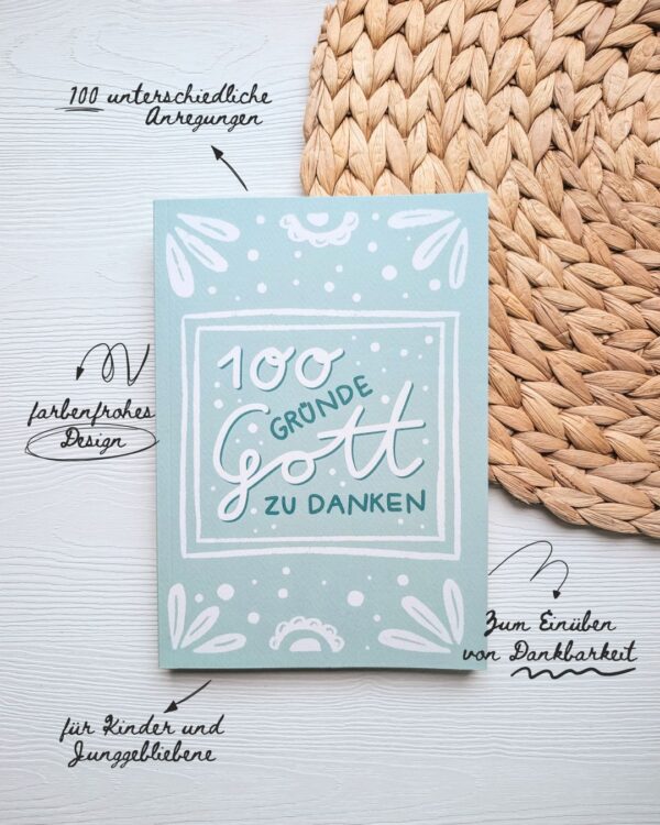 Dankbarkeitskarte mit 100 Gründen zu danken, für Kinder und Jugendliche, christliches Design.