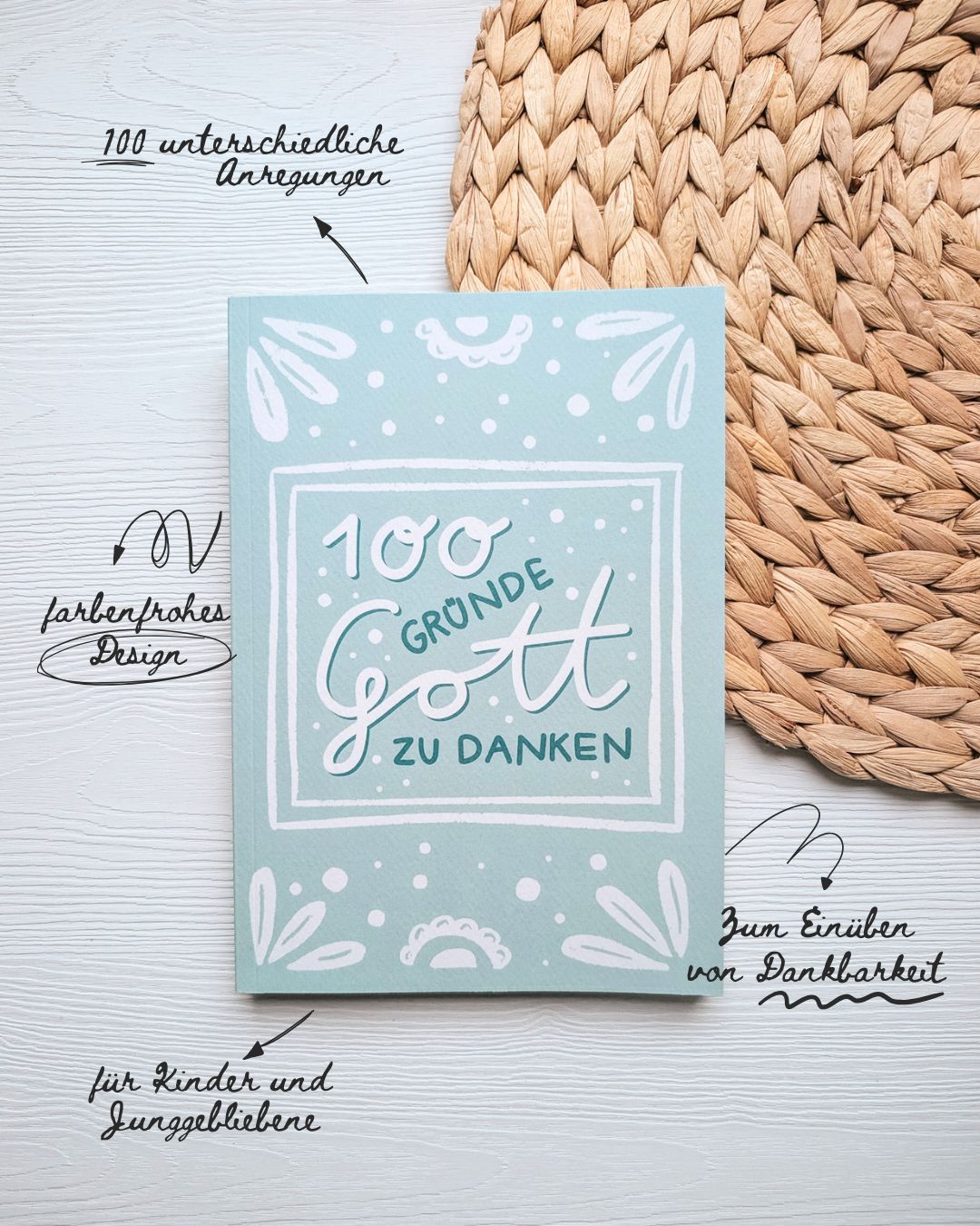 100 Gründe Gott zu danken – interaktives Dankbarkeitsbuch 1 Dankbarkeitskarte mit 100 Gründen zu danken, für Kinder und Jugendliche, christliches Design.