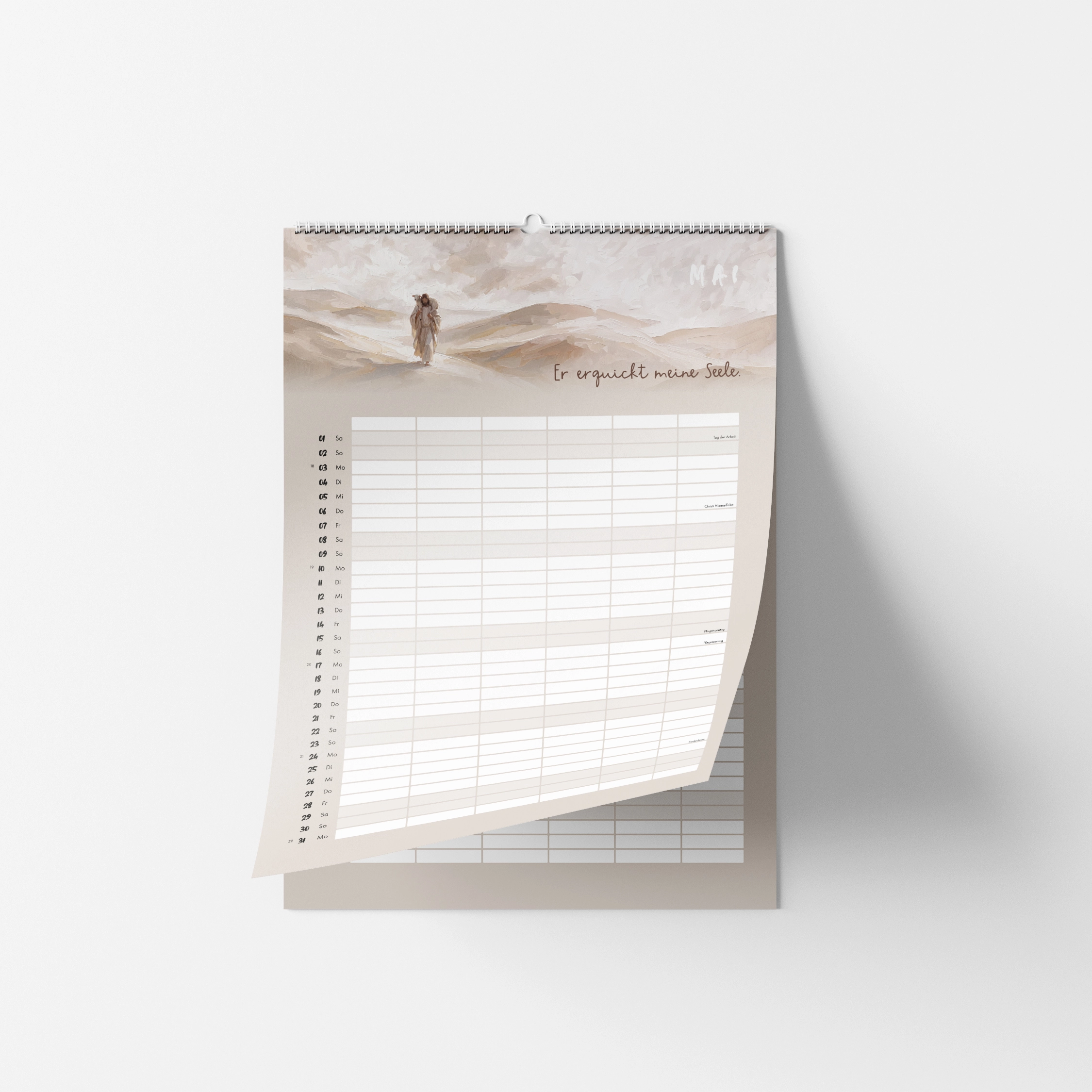 Familienkalender 2027 - Psalm 23: An der Seite des guten Hirten 2 Kalenderkalender mit Berglandschaft und christlichem Motiv, transparente Planungslinien, deutsch.