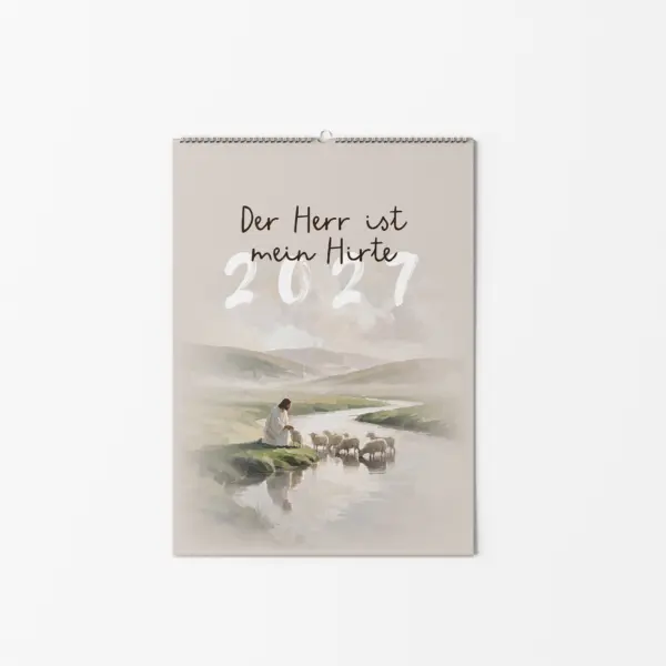 Christliches Kalenderbild 2027: Der Herr ist mein Hirte, Szene mit Hirte und Schafe am See.