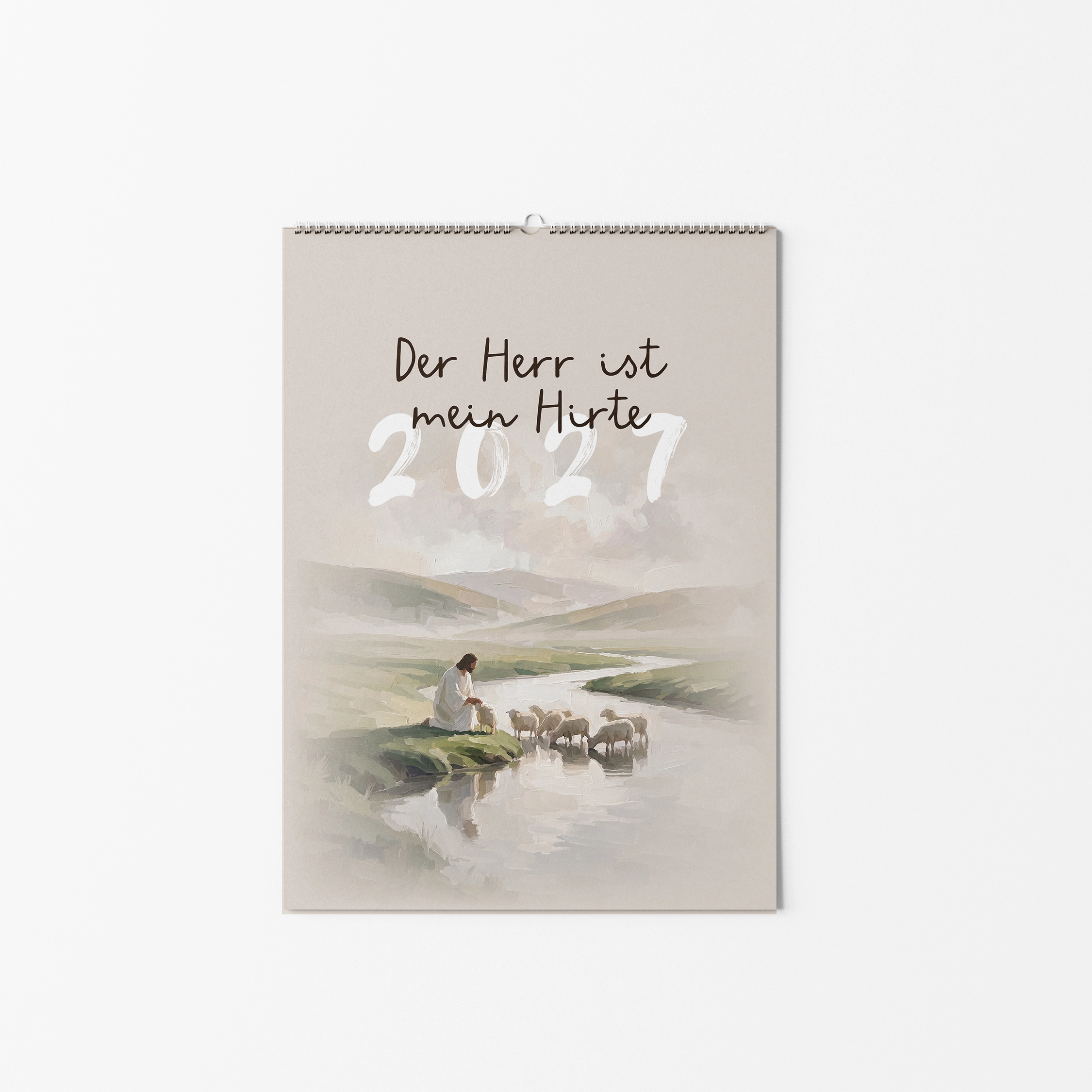 Familienkalender 2027 - Psalm 23: An der Seite des guten Hirten 1 Christliches Kalenderbild 2027: Der Herr ist mein Hirte, Szene mit Hirte und Schafe am See.