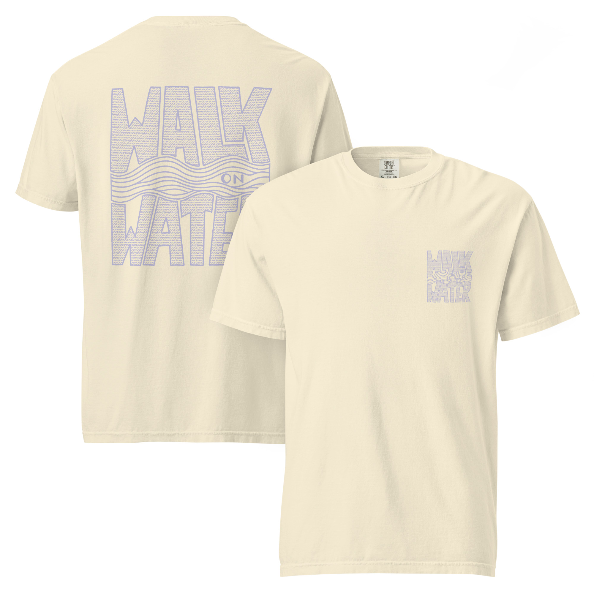 Shirt - Walk on Water 12 Weißes T-Shirt mit 'Walk on Water' Schriftzug auf Vorder- und Rückseite, christliches Design.